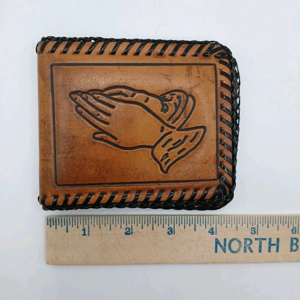 Tooled Leather Bi-Fold Wallet The Lord's Prayer & Praying Hands Laced Western